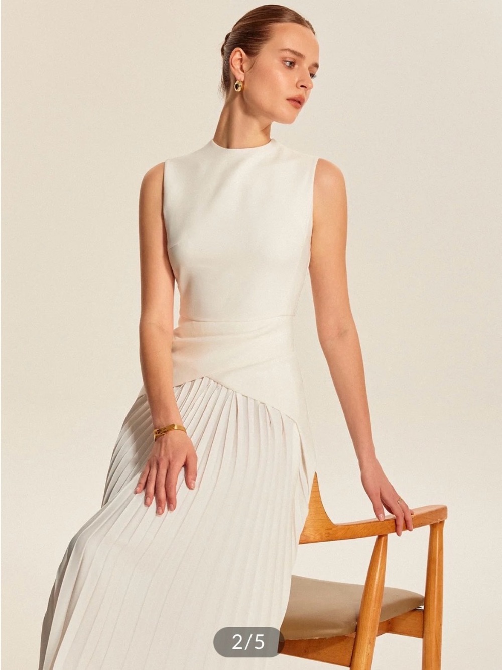 Commense Sleeveless Pleated Midi Dress - Cream - Picture 2 of 6